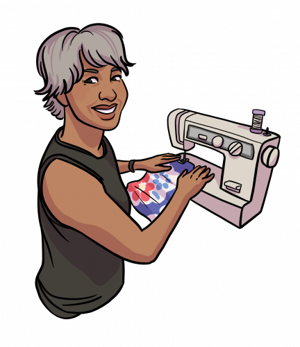 Comic image of Genevieve Fuji Johnson using a sewing machine