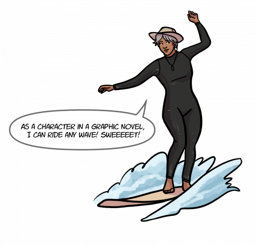 Comic image of Genevieve Fuji Johnson on a surf board
